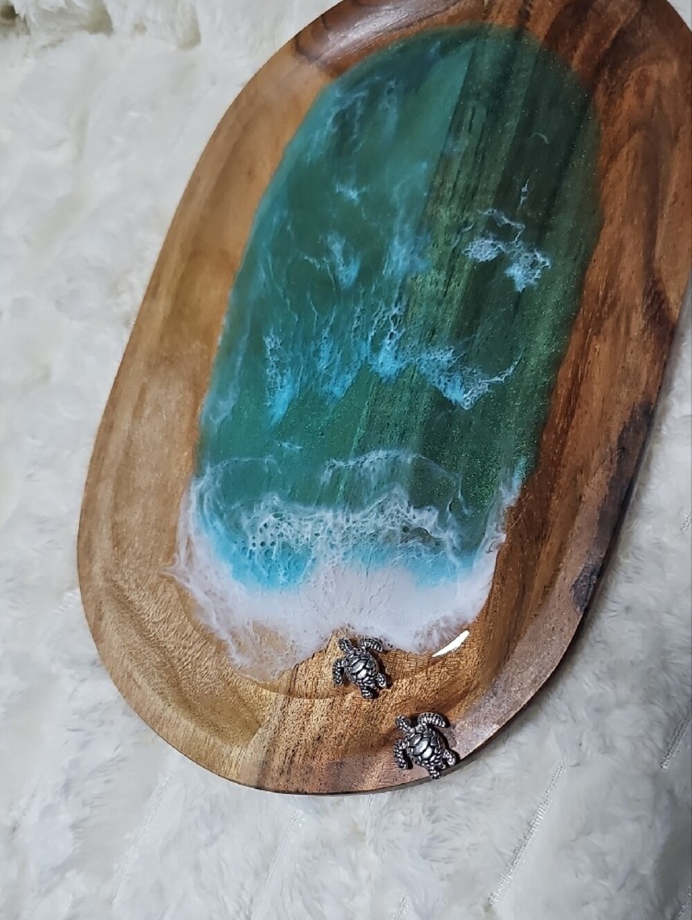Handcrafted Wooden Ocean Resin Tray - Teal & White Wave Design - Picture 7 of 11